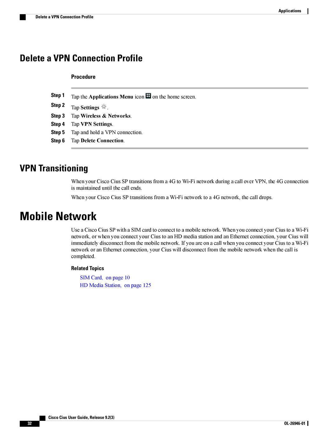 Cisco Systems CiscoCius manual Mobile Network, Delete a VPN Connection Profile, VPN Transitioning, Tap Delete Connection 