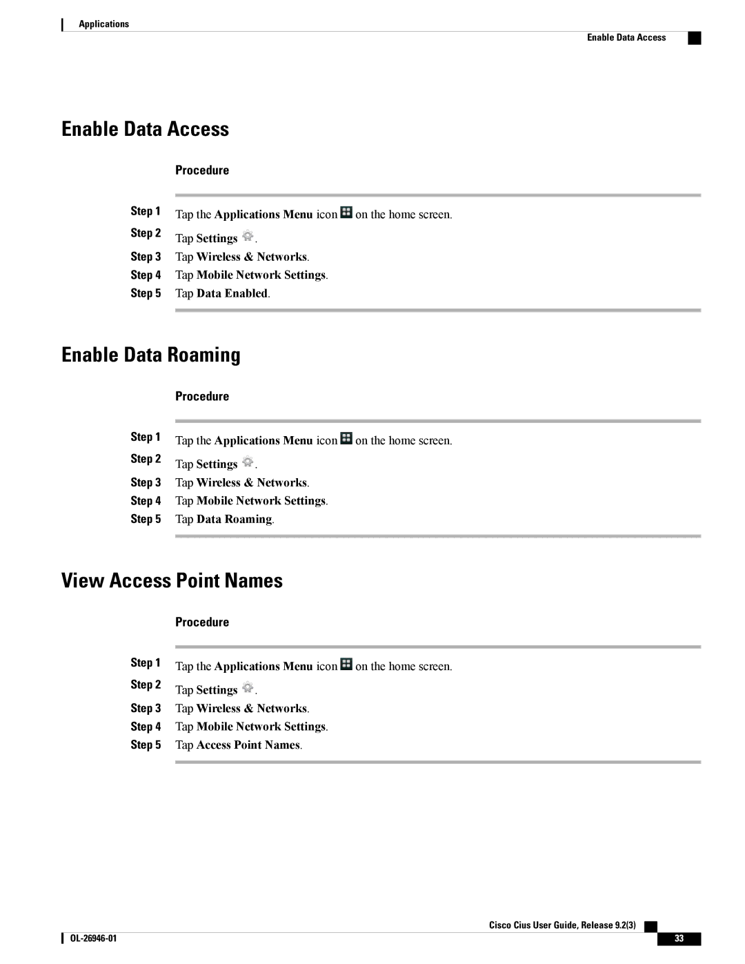 Cisco Systems CiscoCius manual Enable Data Access, Enable Data Roaming, View Access Point Names 