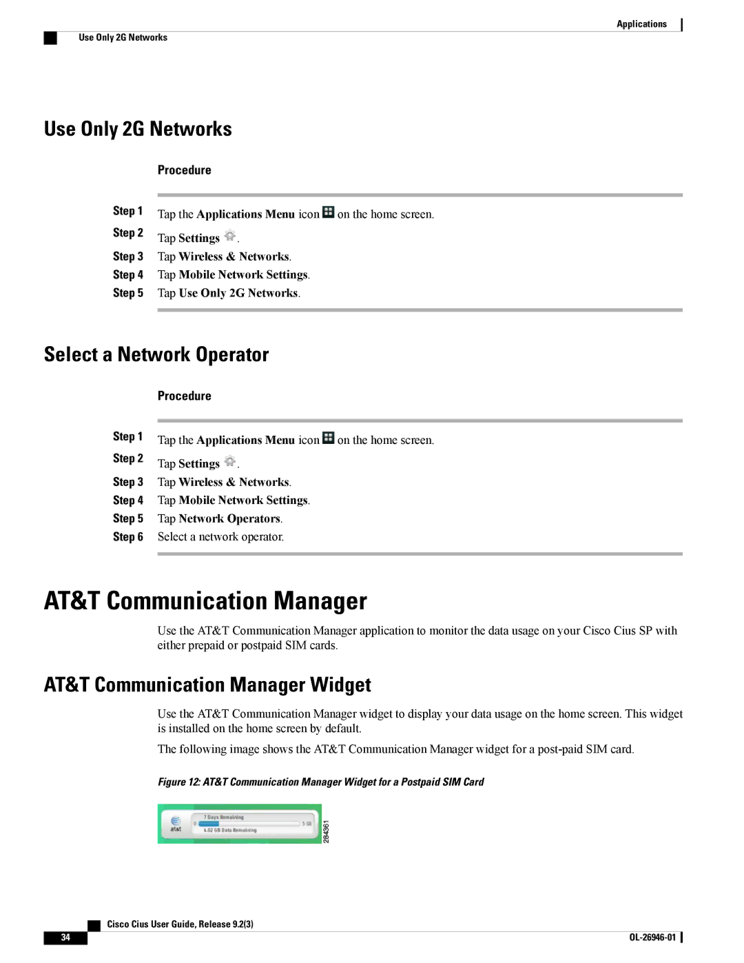 Cisco Systems CiscoCius manual AT&T Communication Manager, Use Only 2G Networks, Select a Network Operator 