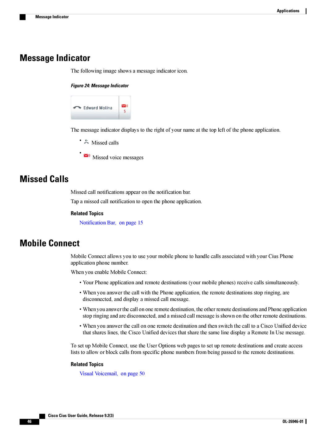 Cisco Systems CiscoCius manual Message Indicator, Missed Calls, Mobile Connect 