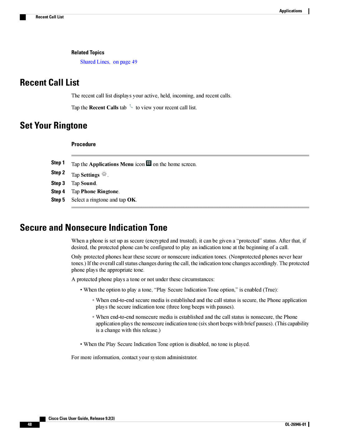 Cisco Systems CiscoCius Recent Call List, Set Your Ringtone, Secure and Nonsecure Indication Tone, Tap Phone Ringtone 