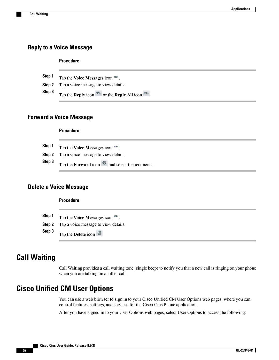 Cisco Systems CiscoCius Call Waiting, Cisco Unified CM User Options, Reply to a Voice Message, Forward a Voice Message 