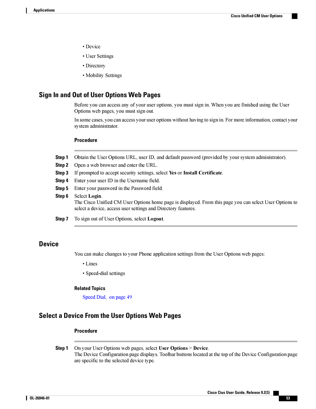 Cisco Systems CiscoCius Sign In and Out of User Options Web Pages, Select a Device From the User Options Web Pages 