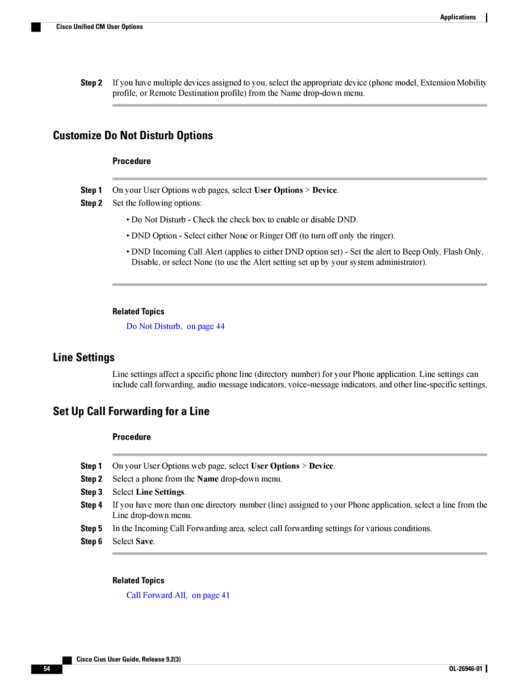 Cisco Systems CiscoCius manual Customize Do Not Disturb Options, Line Settings, Set Up Call Forwarding for a Line 