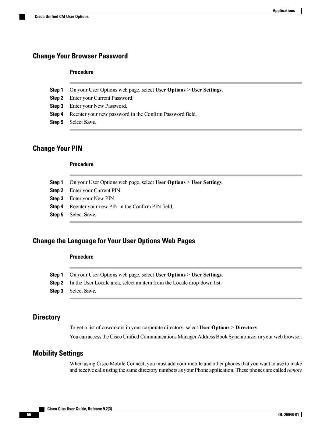 Cisco Systems CiscoCius Change Your Browser Password, Change Your PIN, Change the Language for Your User Options Web Pages 