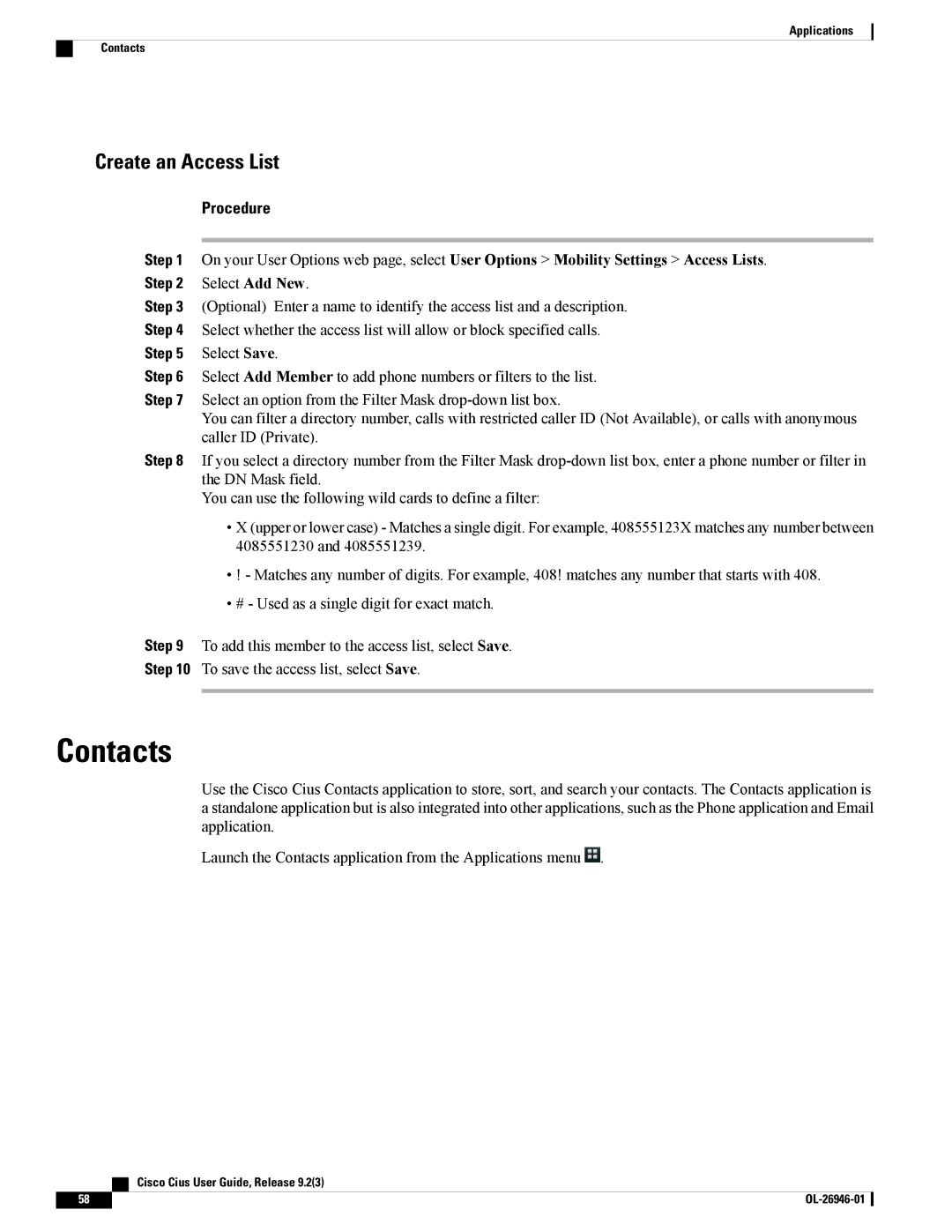 Cisco Systems CiscoCius manual Contacts, Create an Access List 