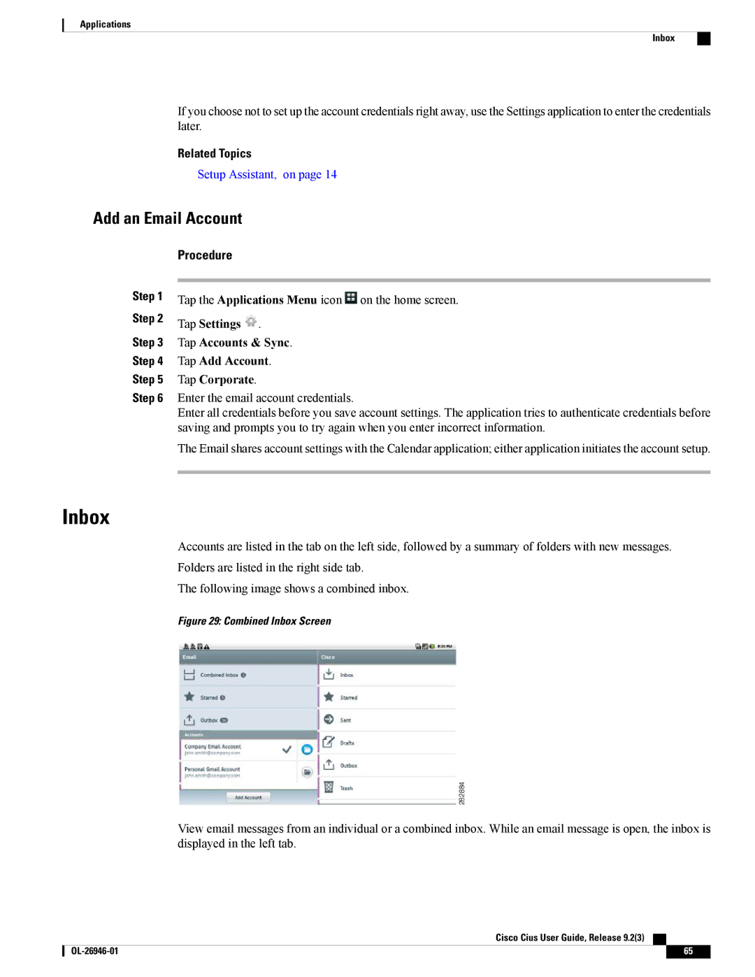 Cisco Systems CiscoCius manual Inbox, Add an Email Account 