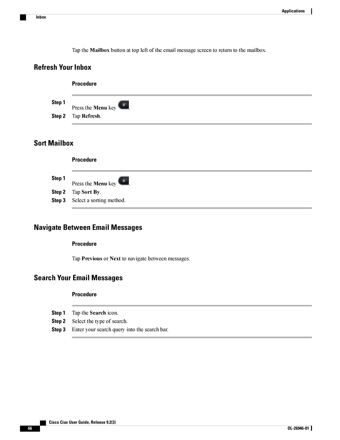 Cisco Systems CiscoCius Refresh Your Inbox, Sort Mailbox, Navigate Between Email Messages, Search Your Email Messages 