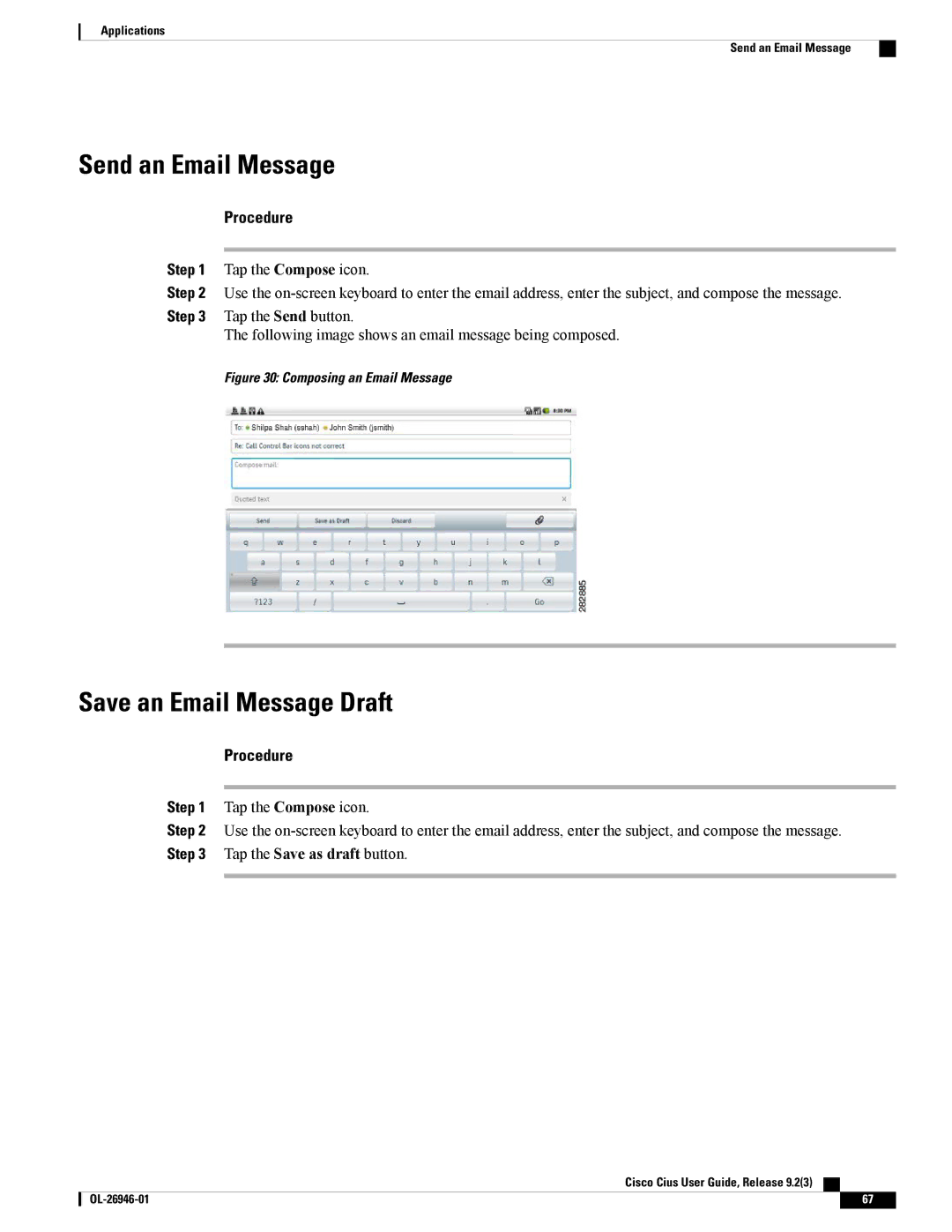 Cisco Systems CiscoCius manual Send an Email Message, Save an Email Message Draft 