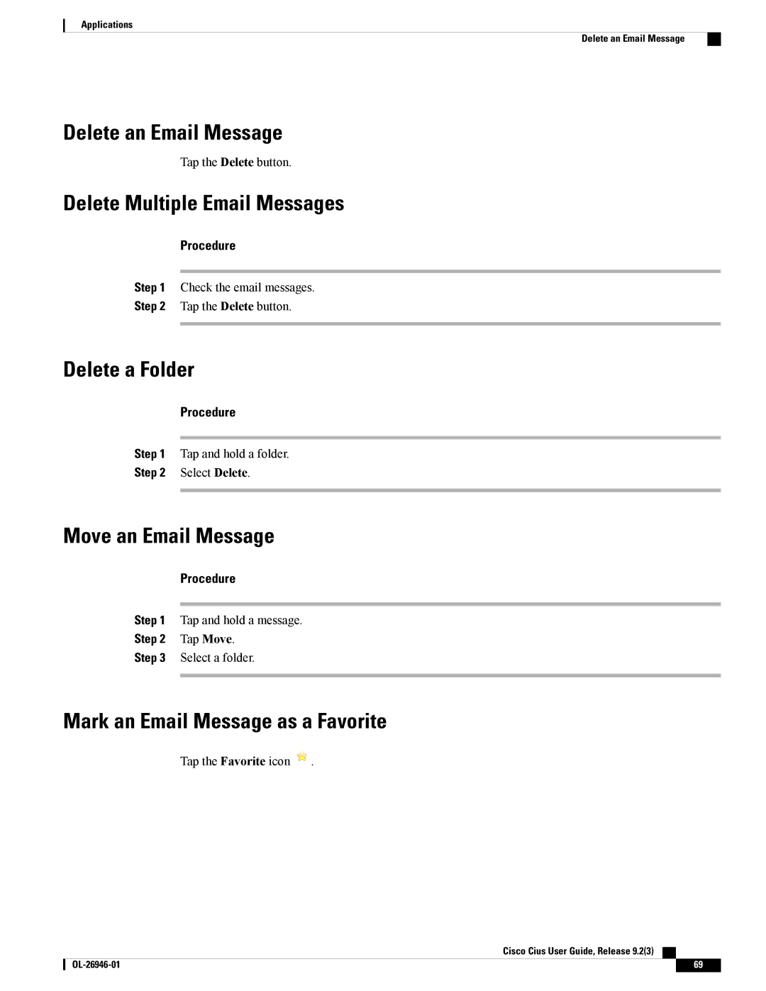 Cisco Systems CiscoCius Delete an Email Message, Delete Multiple Email Messages, Delete a Folder, Move an Email Message 