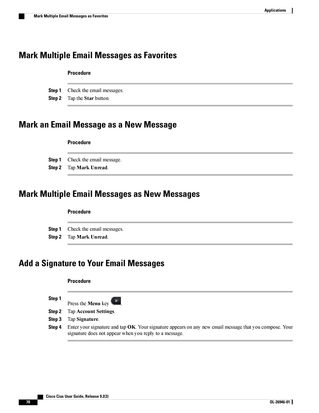 Cisco Systems CiscoCius manual Mark Multiple Email Messages as Favorites, Mark an Email Message as a New Message 