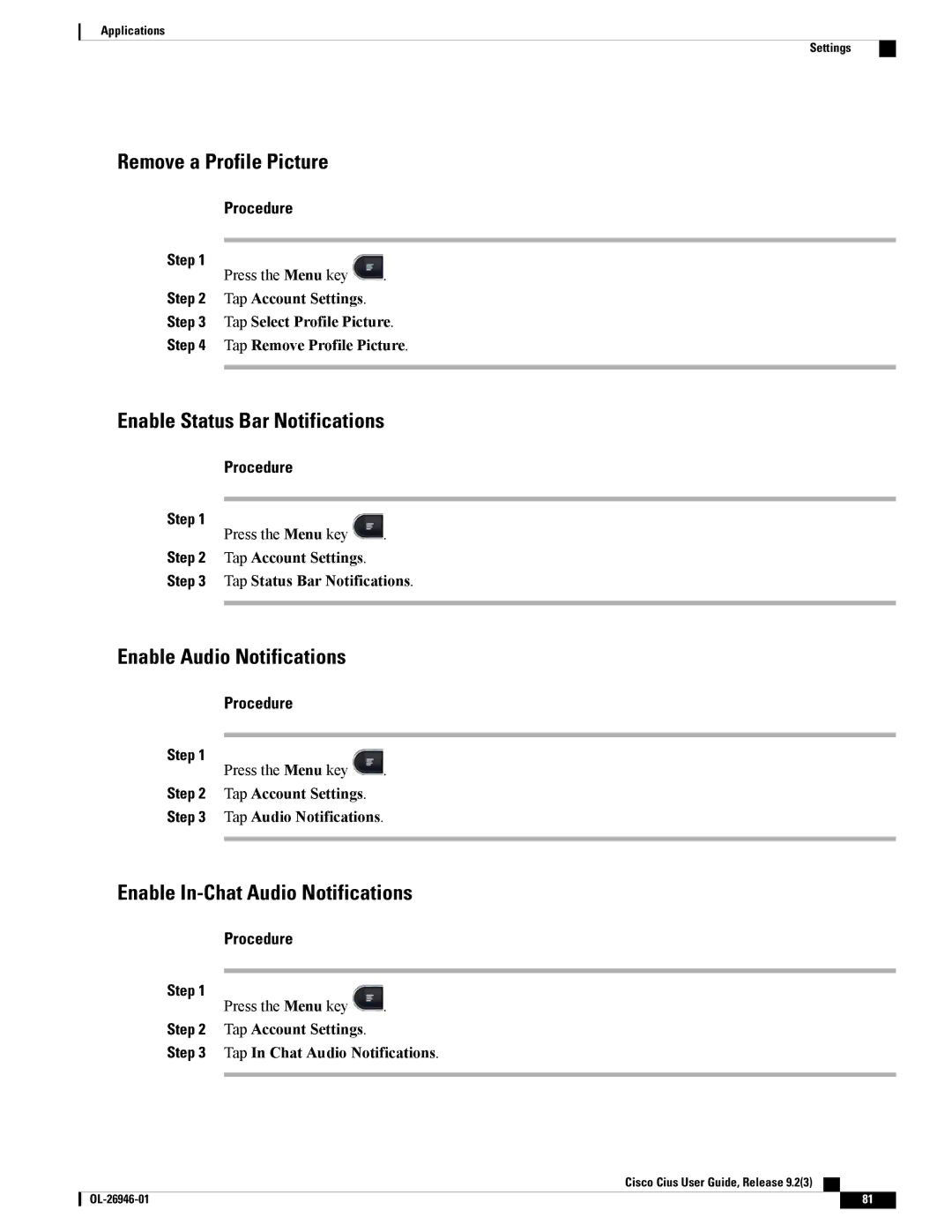 Cisco Systems CiscoCius manual Remove a Profile Picture, Enable Status Bar Notifications, Enable Audio Notifications 