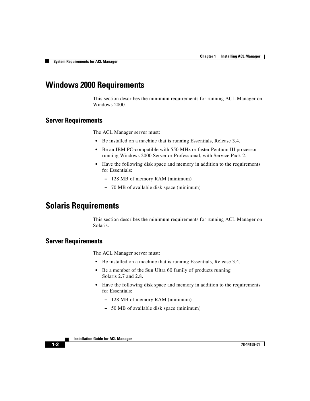 Cisco Systems CiscoWorks2000 manual Windows 2000 Requirements, Solaris Requirements 