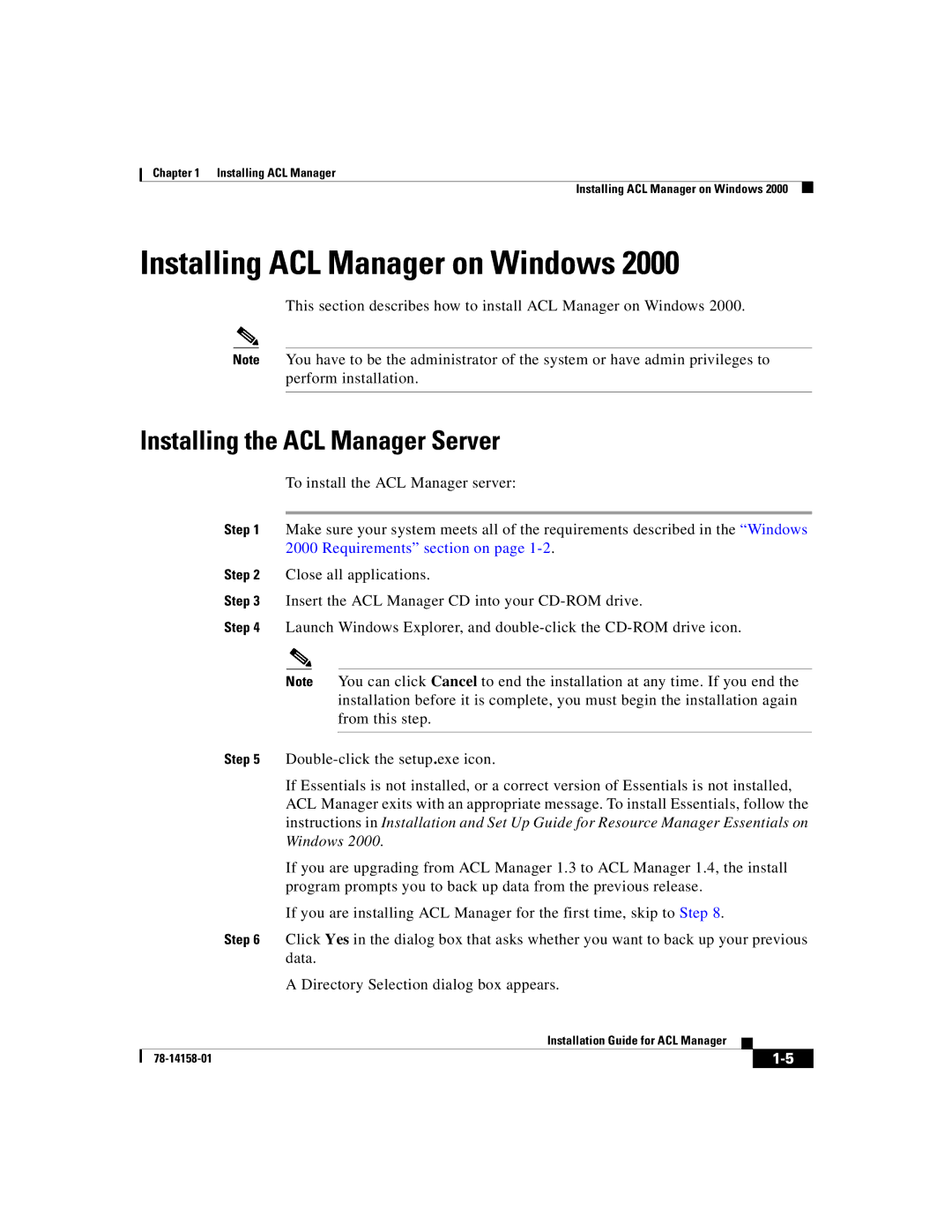 Cisco Systems CiscoWorks2000 manual Installing ACL Manager on Windows, Installing the ACL Manager Server 