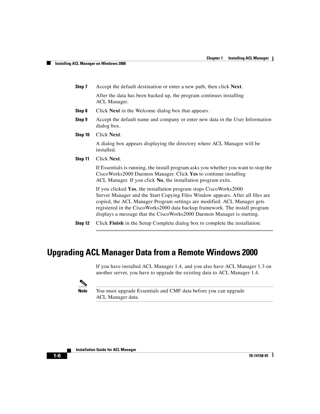 Cisco Systems CiscoWorks2000 manual Upgrading ACL Manager Data from a Remote Windows 