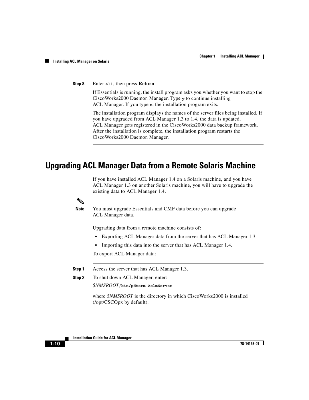 Cisco Systems CiscoWorks2000 manual Upgrading ACL Manager Data from a Remote Solaris Machine 