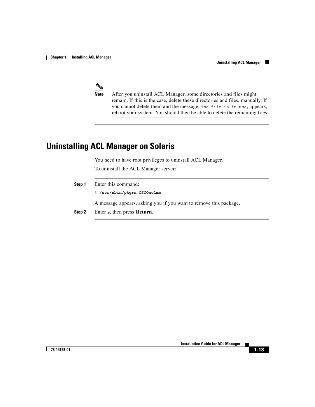 Cisco Systems CiscoWorks2000 manual Uninstalling ACL Manager on Solaris 