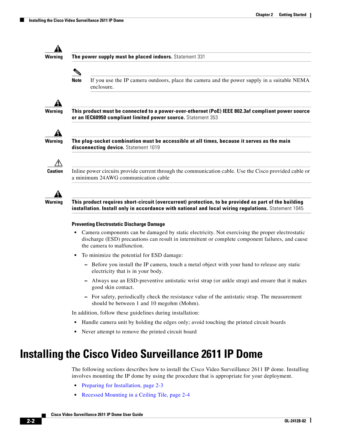 Cisco Systems CIVIS-IPC-2611 manual Installing the Cisco Video Surveillance 2611 IP Dome 