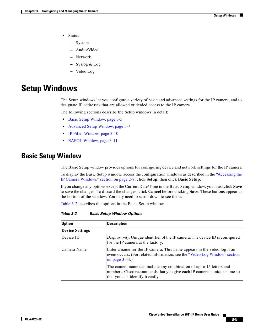 Cisco Systems CIVIS-IPC-2611 manual Setup Windows, Basic Setup Window, Option Description, Device Settings 