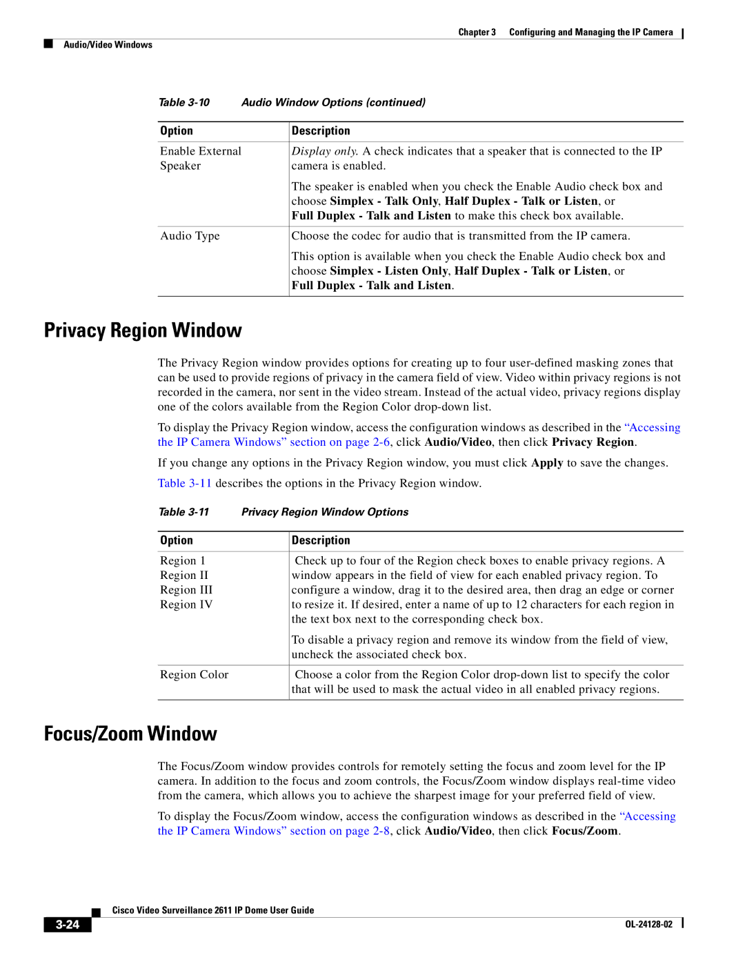 Cisco Systems CIVIS-IPC-2611 manual Privacy Region Window, Focus/Zoom Window, Full Duplex Talk and Listen 