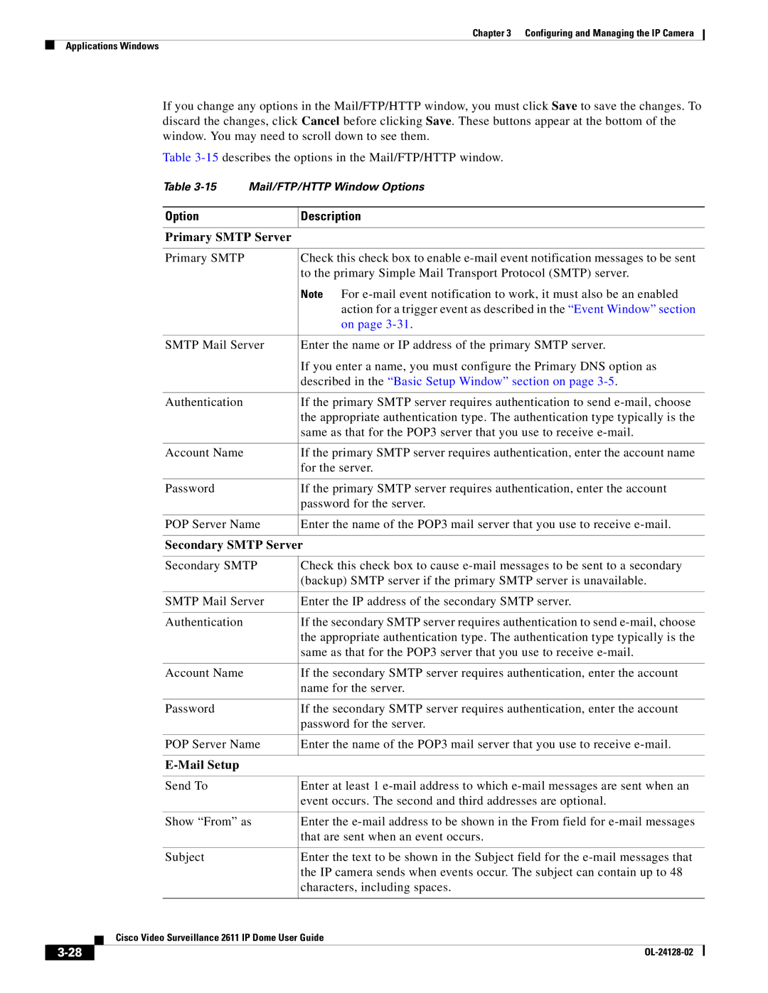 Cisco Systems CIVIS-IPC-2611 Primary Smtp Server, Described in the Basic Setup Window section on, Secondary Smtp Server 