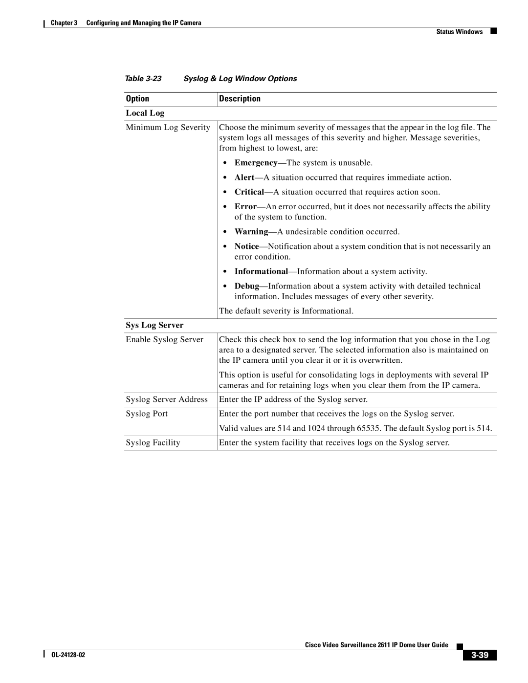 Cisco Systems CIVIS-IPC-2611 manual Local Log, Sys Log Server 