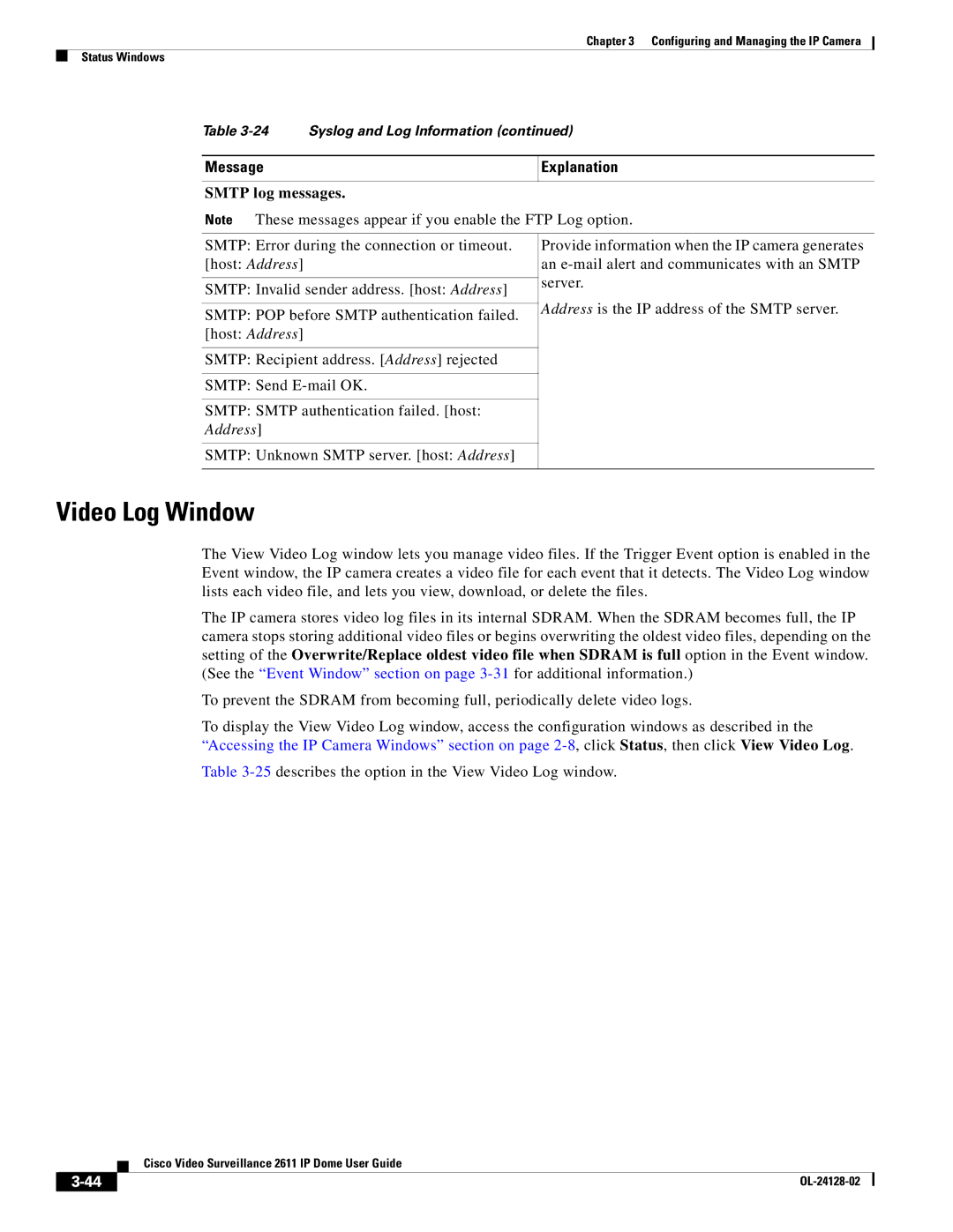 Cisco Systems CIVIS-IPC-2611 manual Video Log Window, Smtp log messages 