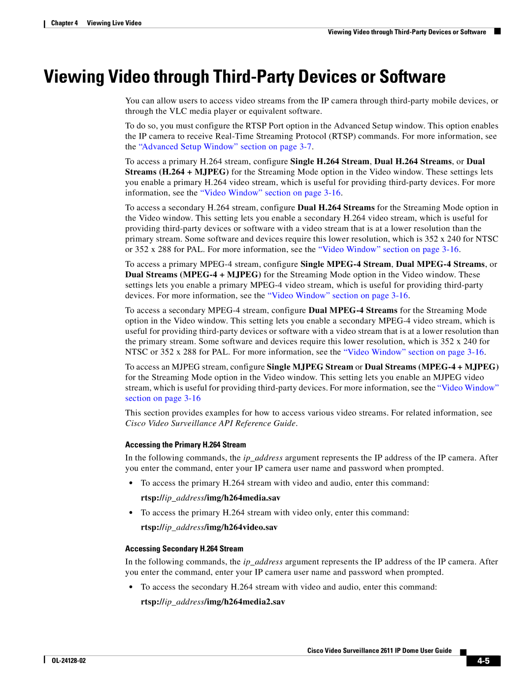 Cisco Systems CIVIS-IPC-2611 Viewing Video through Third-Party Devices or Software, Accessing the Primary H.264 Stream 