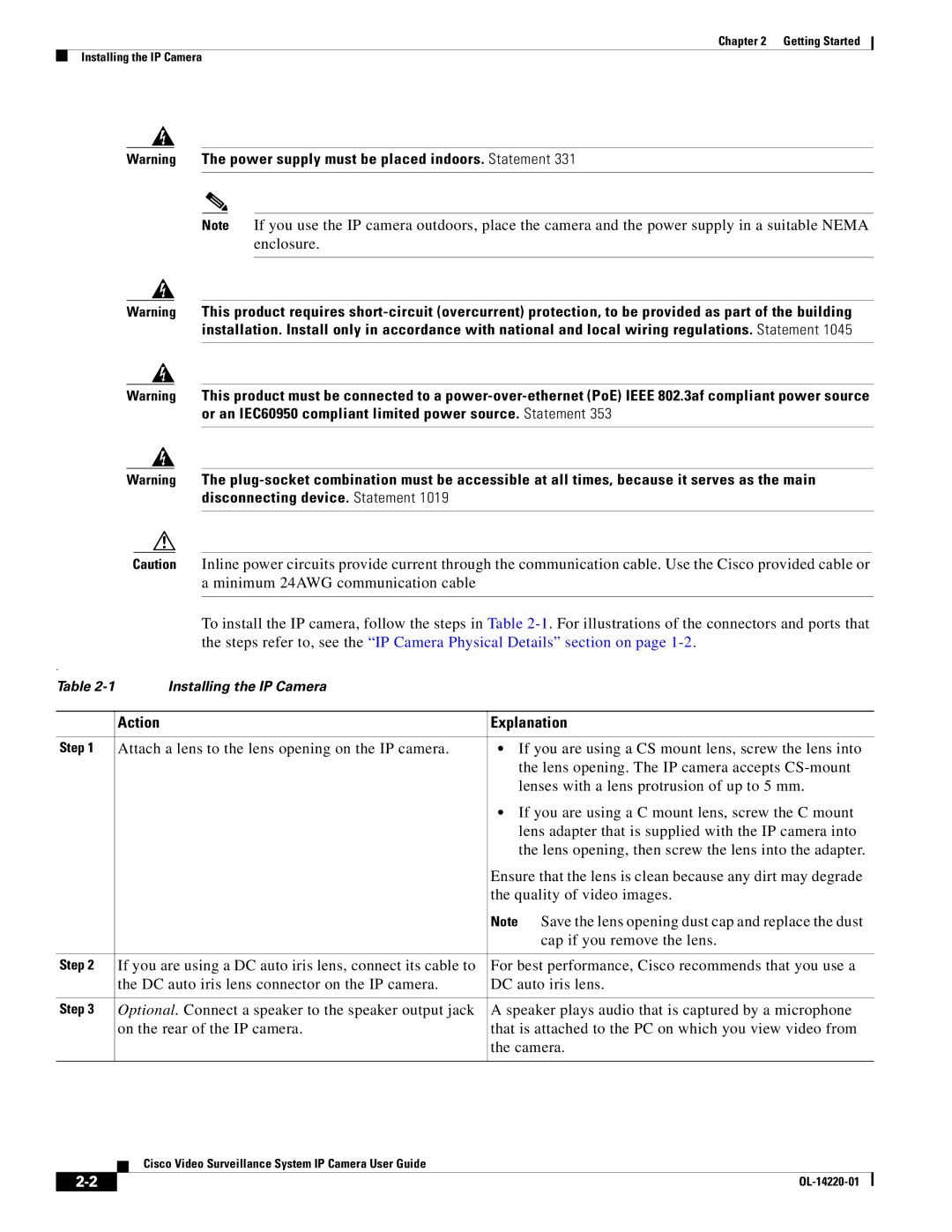 Cisco Systems CIVS-IPC-2500 manual Action Explanation 