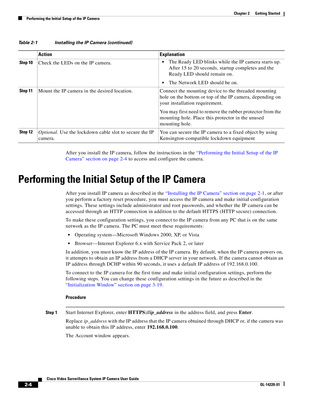 Cisco Systems CIVS-IPC-2500 manual Performing the Initial Setup of the IP Camera, Procedure 