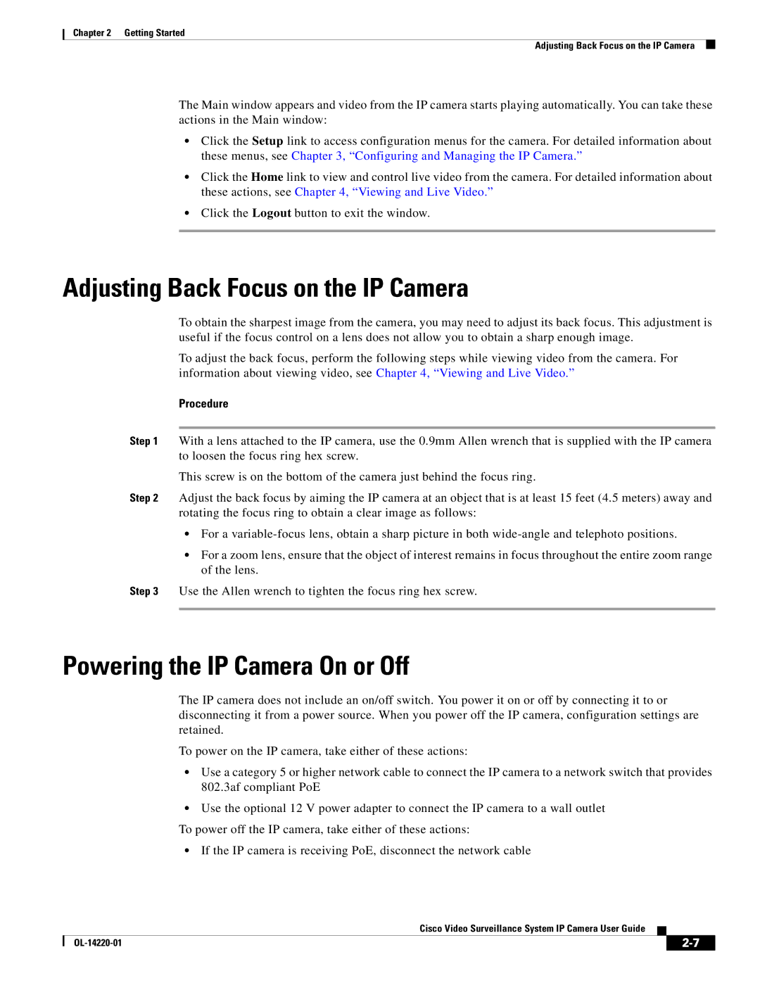 Cisco Systems CIVS-IPC-2500 manual Adjusting Back Focus on the IP Camera, Powering the IP Camera On or Off 