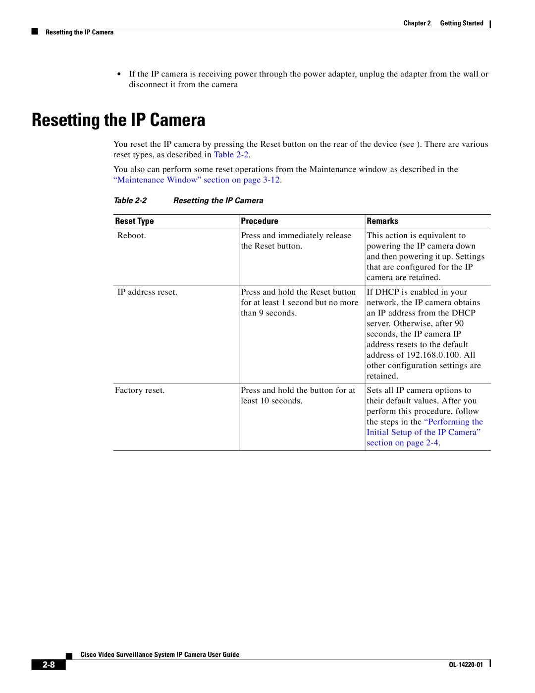 Cisco Systems CIVS-IPC-2500 manual Resetting the IP Camera, Reset Type Procedure Remarks, Initial Setup of the IP Camera 