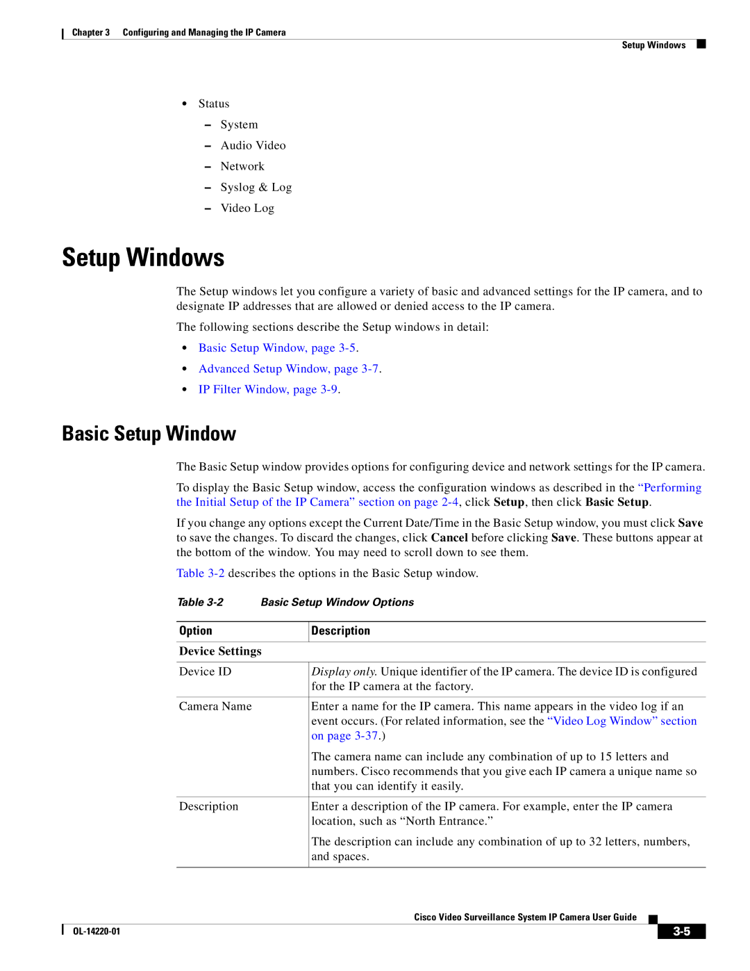 Cisco Systems CIVS-IPC-2500 manual Setup Windows, Basic Setup Window, Option Description, Device Settings 