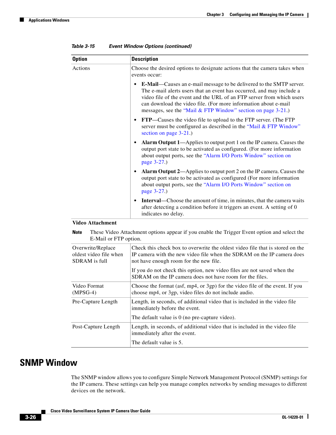 Cisco Systems CIVS-IPC-2500 manual Snmp Window, Messages, see the Mail & FTP Window section on, Video Attachment 