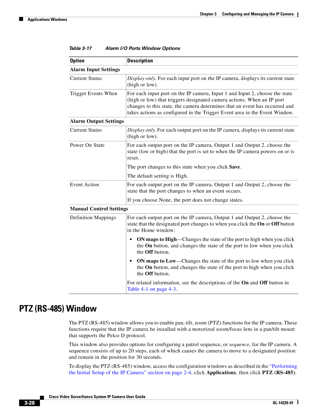 Cisco Systems CIVS-IPC-2500 manual PTZ RS-485 Window, Alarm Input Settings, Alarm Output Settings, Manual Control Settings 