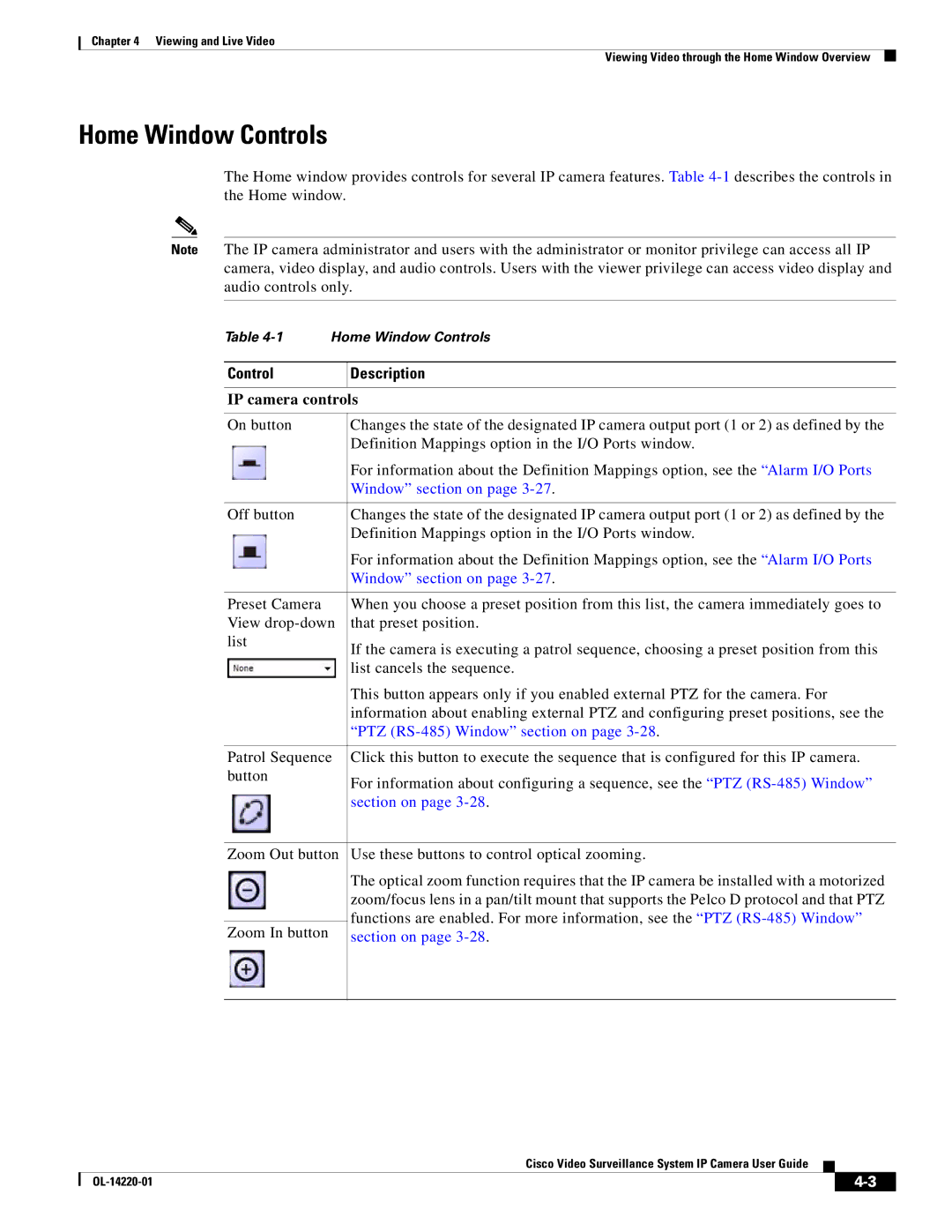 Cisco Systems CIVS-IPC-2500 Home Window Controls, Control Description, IP camera controls, PTZ RS-485 Window section on 