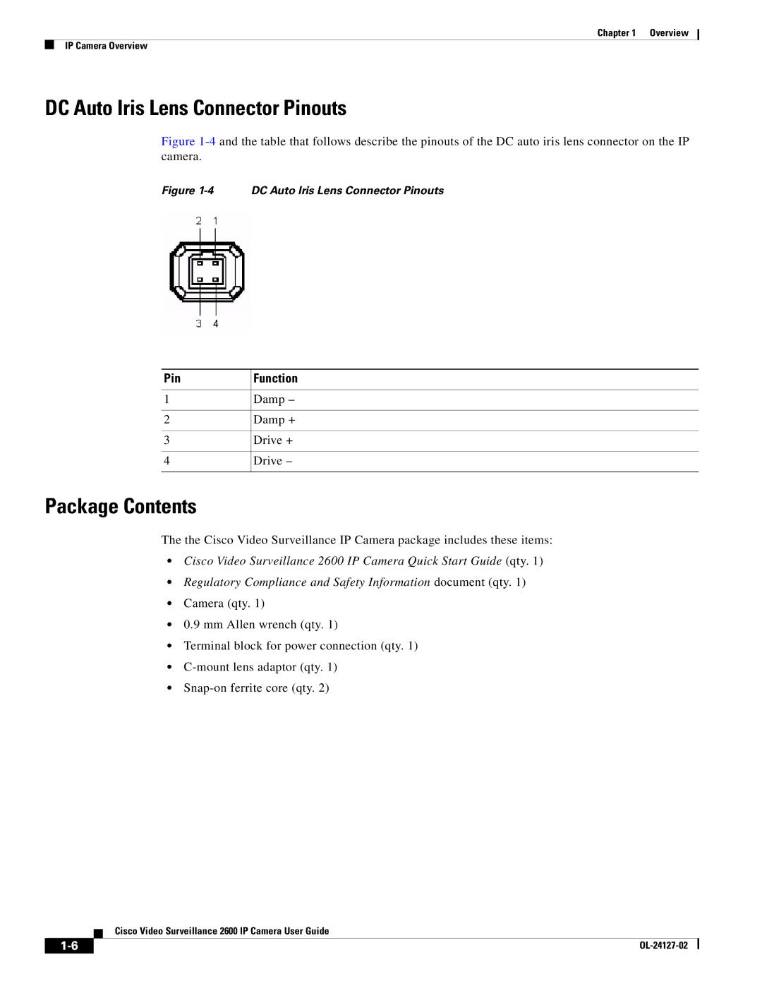 Cisco Systems CIVS-IPC-2600 manual DC Auto Iris Lens Connector Pinouts, Package Contents 