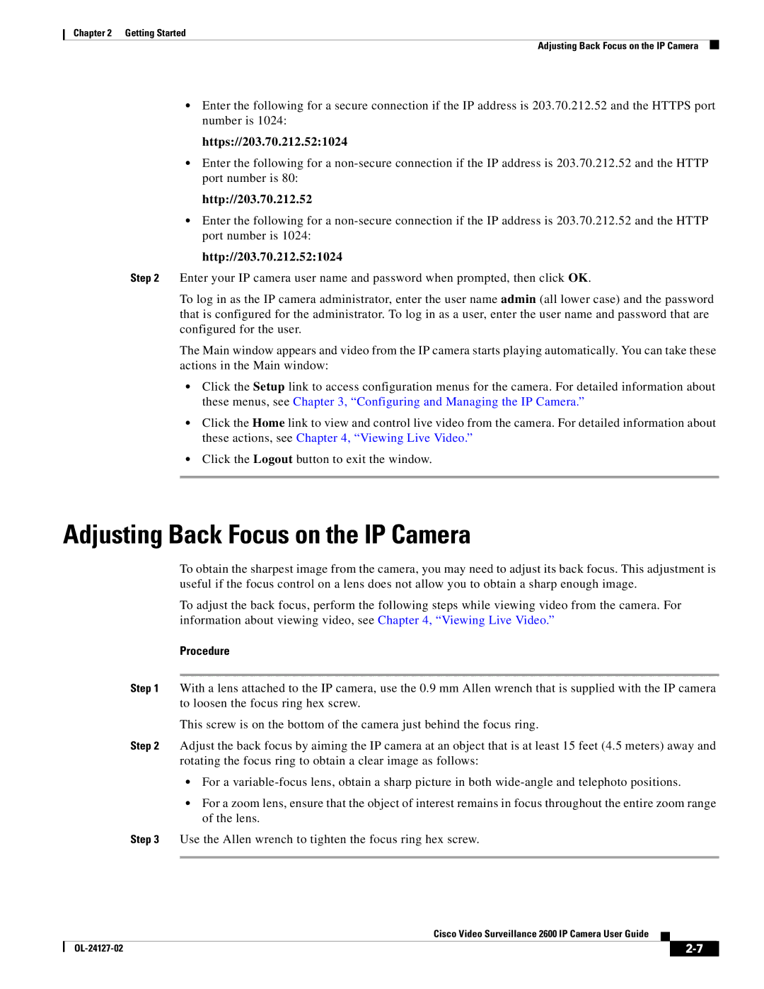 Cisco Systems CIVS-IPC-2600 manual Adjusting Back Focus on the IP Camera, Https//203.70.212.521024, Http//203.70.212.52 