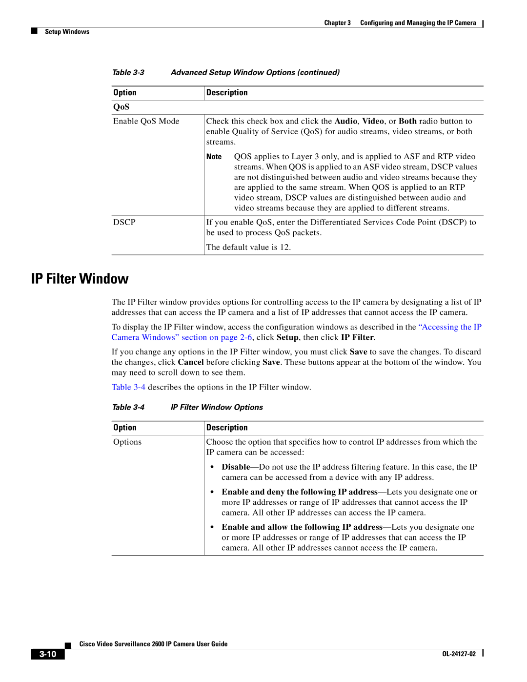 Cisco Systems CIVS-IPC-2600 manual IP Filter Window, QoS 