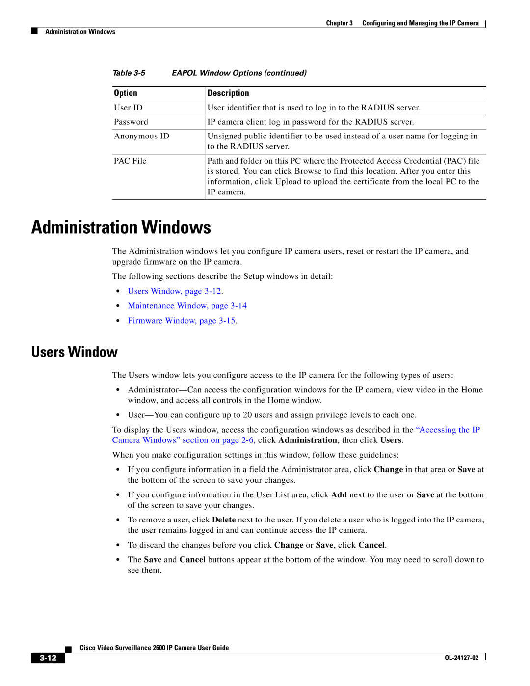 Cisco Systems CIVS-IPC-2600 manual Administration Windows, Users Window, Maintenance Window, Firmware Window 