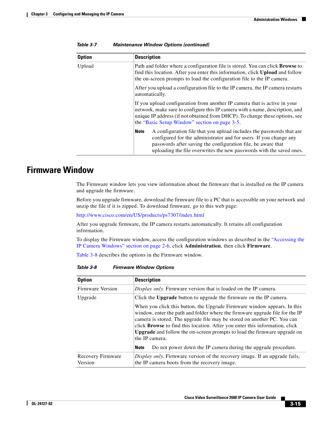 Cisco Systems CIVS-IPC-2600 manual Firmware Window, Option 