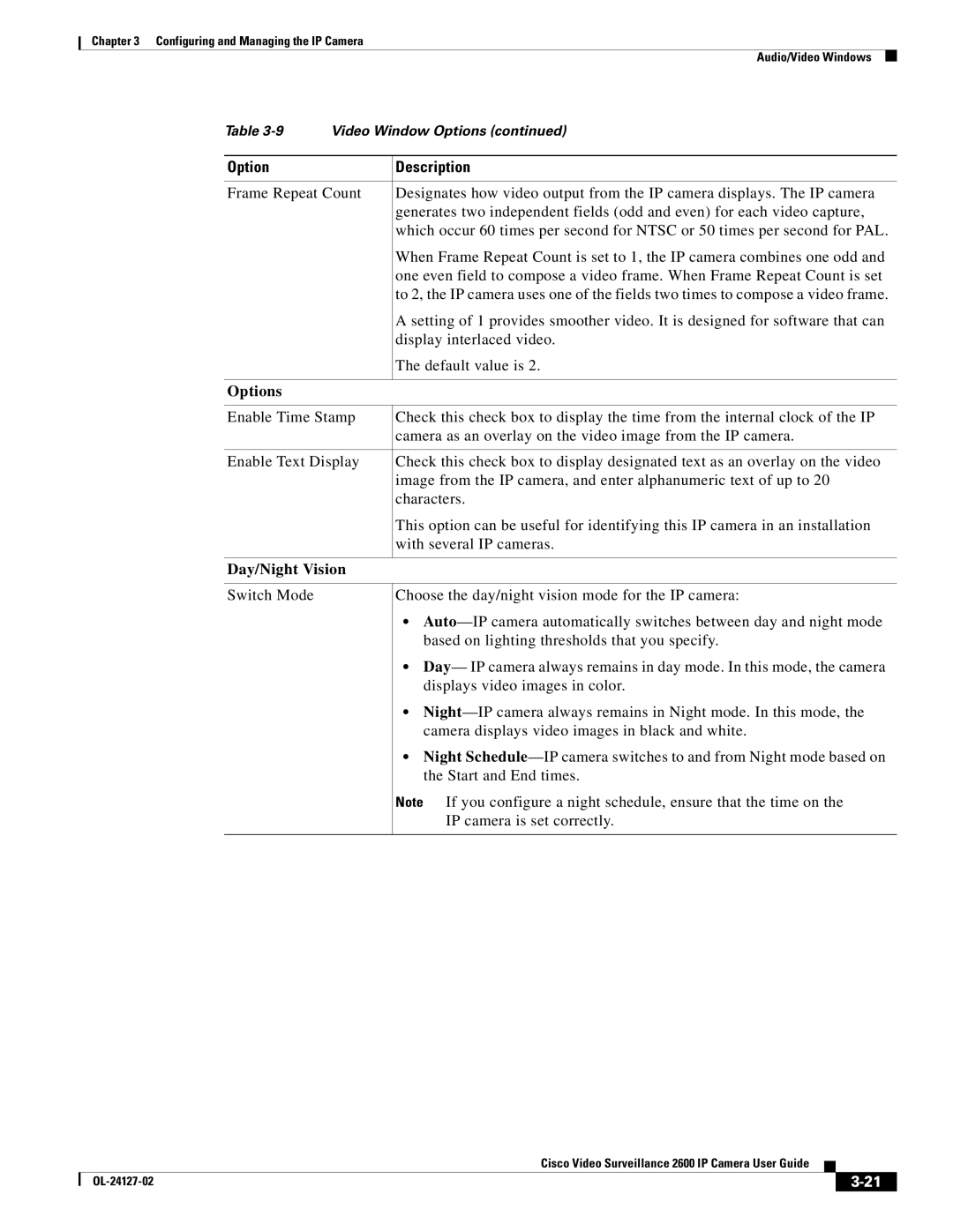 Cisco Systems CIVS-IPC-2600 manual Options, Day/Night Vision 