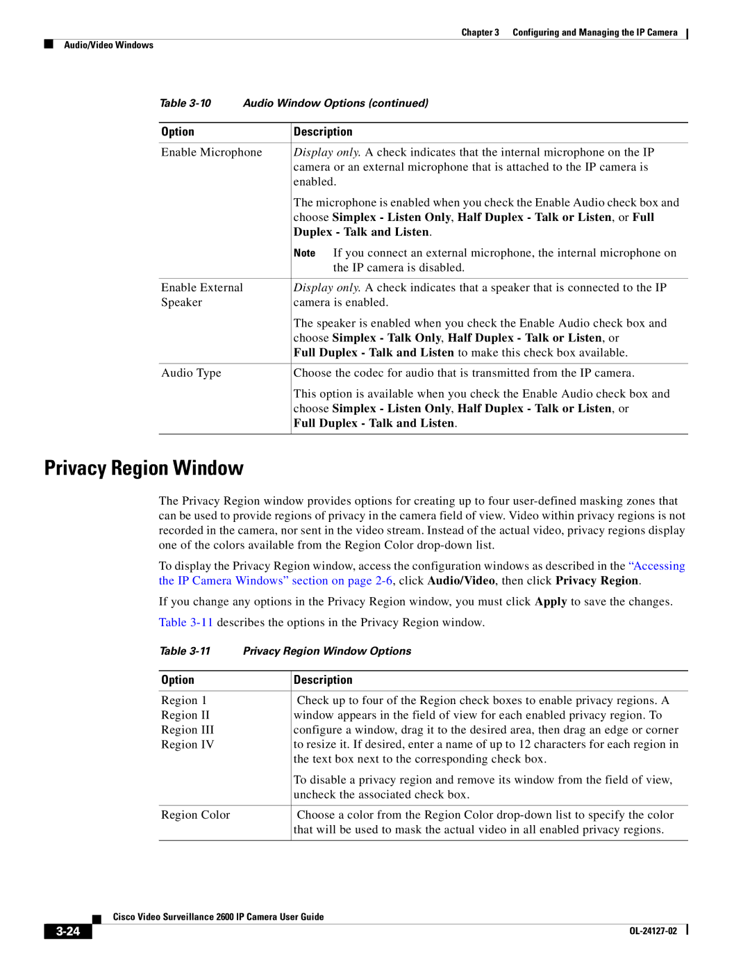 Cisco Systems CIVS-IPC-2600 manual Privacy Region Window, Full Duplex Talk and Listen 