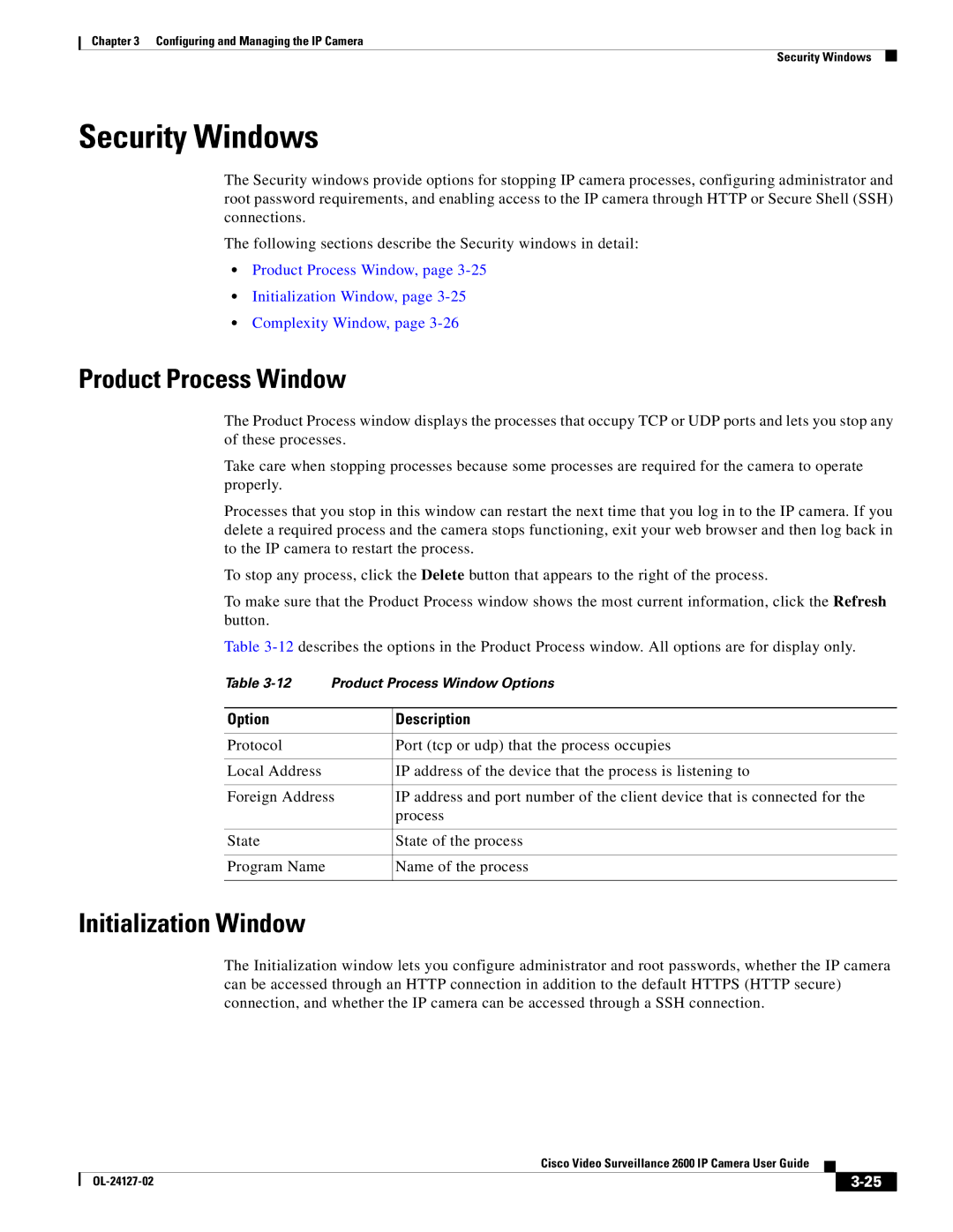 Cisco Systems CIVS-IPC-2600 manual Security Windows, Product Process Window, Initialization Window 