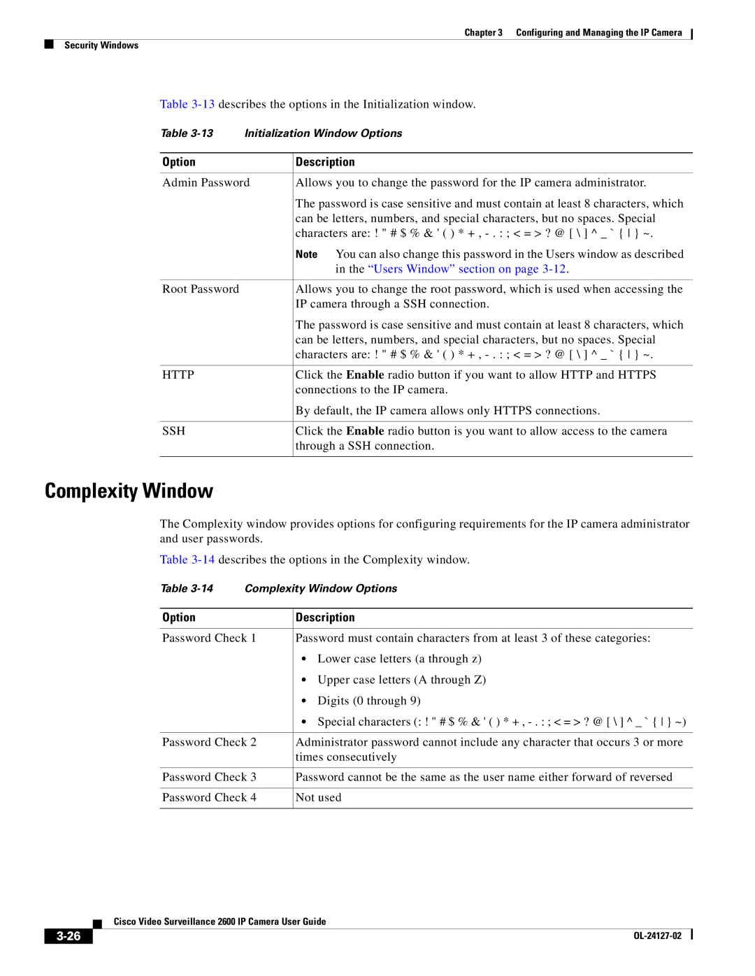 Cisco Systems CIVS-IPC-2600 manual Complexity Window, Users Window section on 