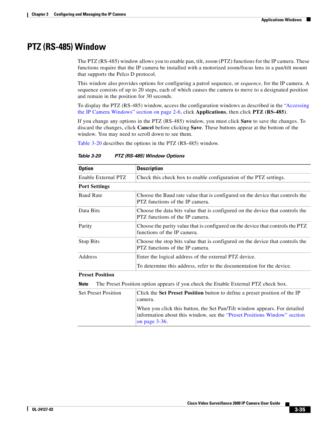 Cisco Systems CIVS-IPC-2600 manual PTZ RS-485 Window, Port Settings, Preset Position 