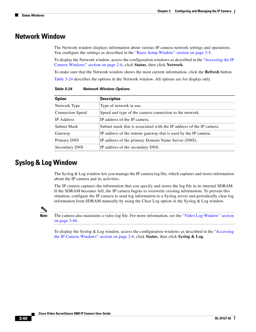 Cisco Systems CIVS-IPC-2600 manual Network Window, Syslog & Log Window 