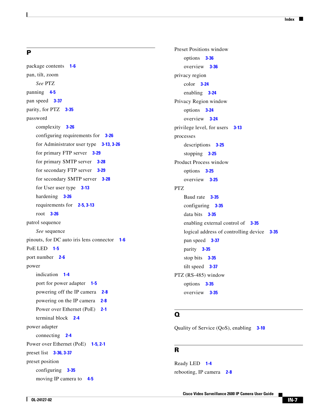 Cisco Systems CIVS-IPC-2600 manual See PTZ, IN-7 