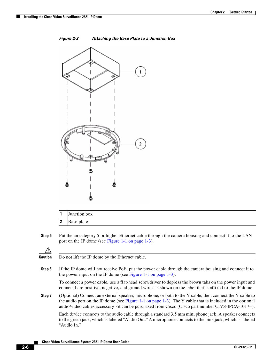 Cisco Systems CIVS-IPC-2621V manual Attaching the Base Plate to a Junction Box 