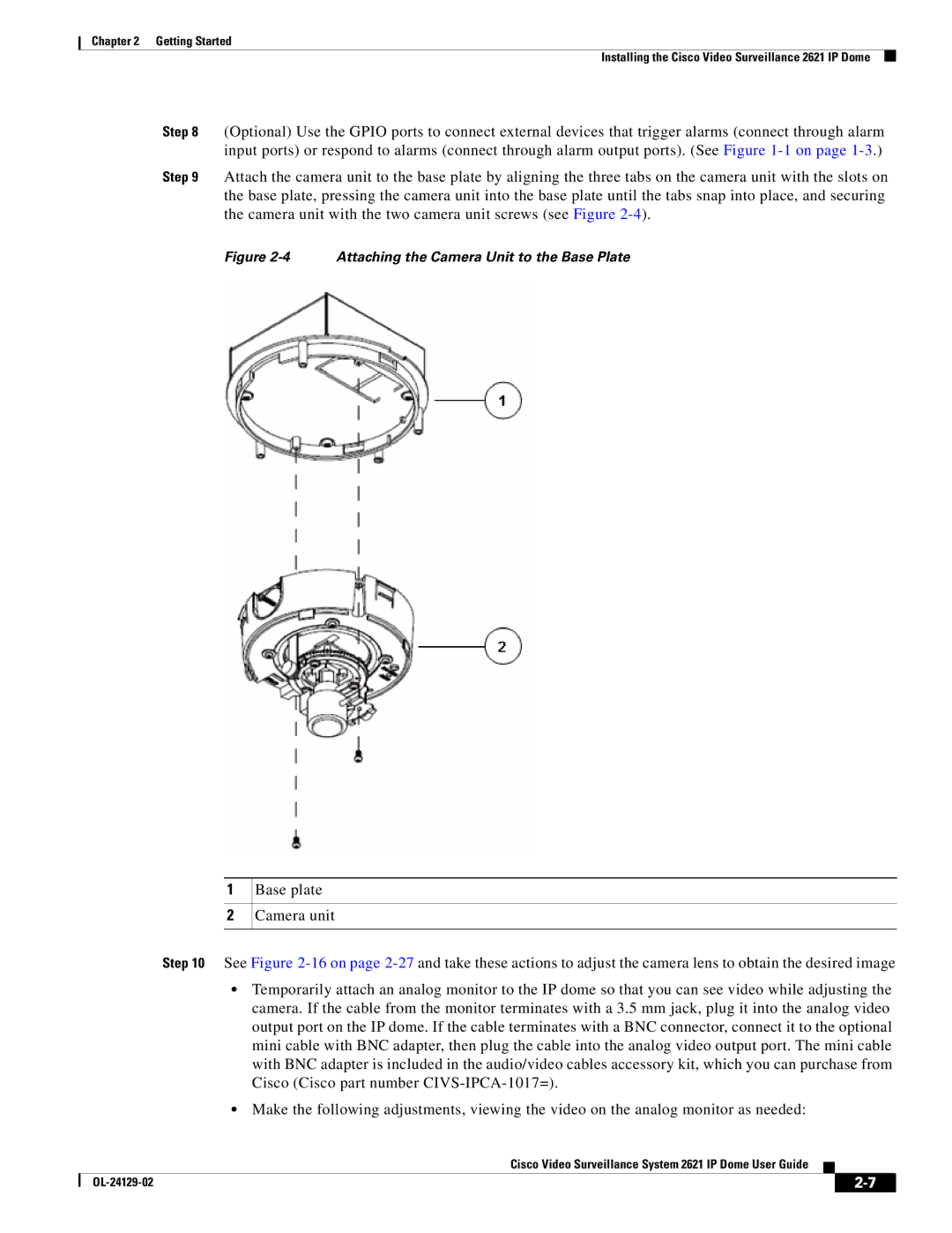 Cisco Systems CIVS-IPC-2621V manual Attaching the Camera Unit to the Base Plate 